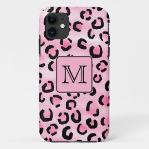 Custom Monogram. Black and Pink Leopard Print. iPhone 11 Case