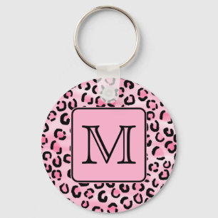 Custom Monogram. Black and Pink Leopard Print. Key Ring