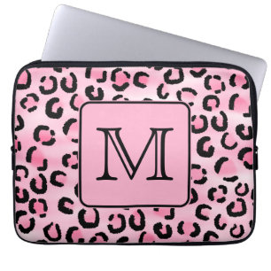 Custom Monogram. Black and Pink Leopard Print. Laptop Sleeve