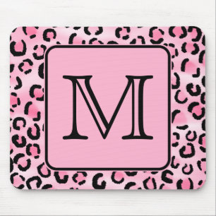 Custom Monogram. Black and Pink Leopard Print. Mouse Mat