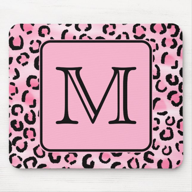Custom Monogram. Black and Pink Leopard Print. Mouse Mat (Front)