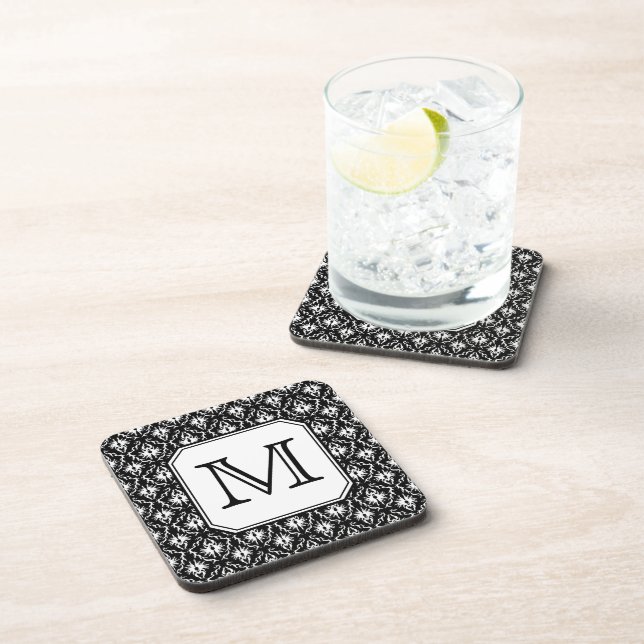 Custom Monogram. Black and White Damask Pattern. Coaster (Right Side)