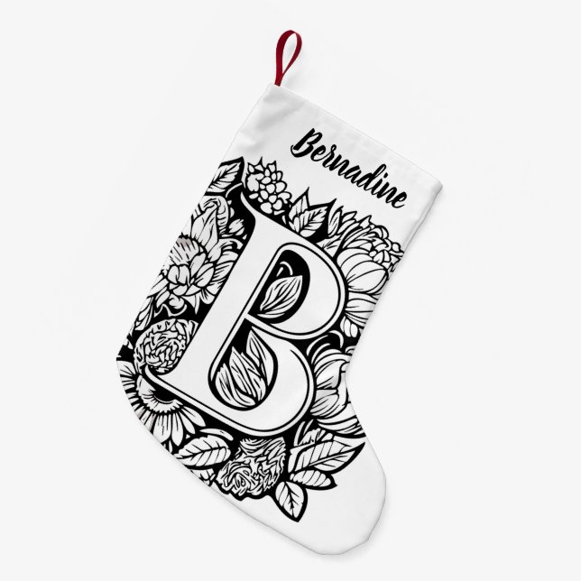Custom Monogram Black and White Floral Tattoo Art  Small Christmas Stocking (Front (Hanging))