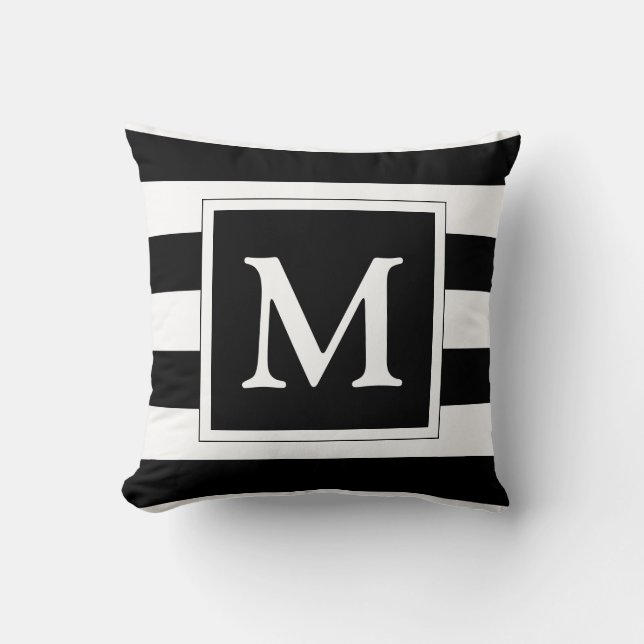 Custom Monogram Black and White Striped Cushion (Front)