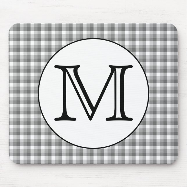 Custom Monogram. Black and White with Grey Check. Mouse Mat (Front)