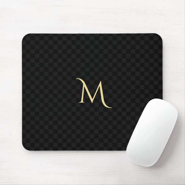 Custom Monogram Black Check Pattern Home Office Mouse Mat (With Mouse)