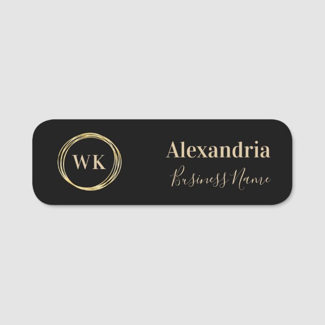 Custom Monogram Black Gold Employee Name Tag (Front)