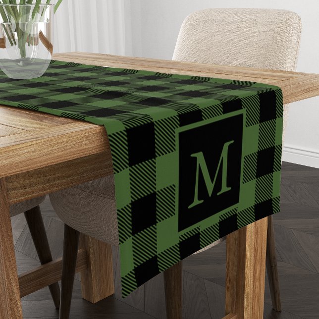 Custom Monogram Black Green Buffalo Plaid Pattern Short Table Runner (Creator Uploaded)