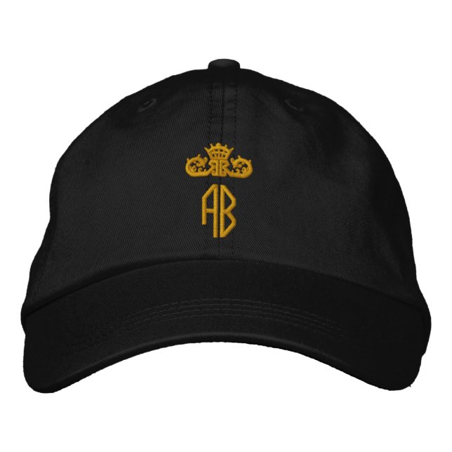 Custom Monogram. Black Hat. Gold Crown Design. Embroidered Hat (Front)