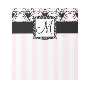 Custom Monogram Black Hearts Pink Stripes Notepad