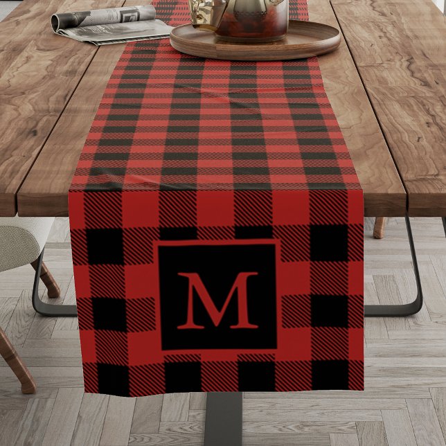 Custom Monogram Black Red Buffalo Plaid Pattern Short Table Runner (Creator Uploaded)