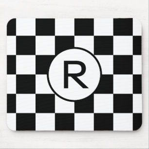 Custom Monogram Black White Chequerboard Pattern Mouse Mat