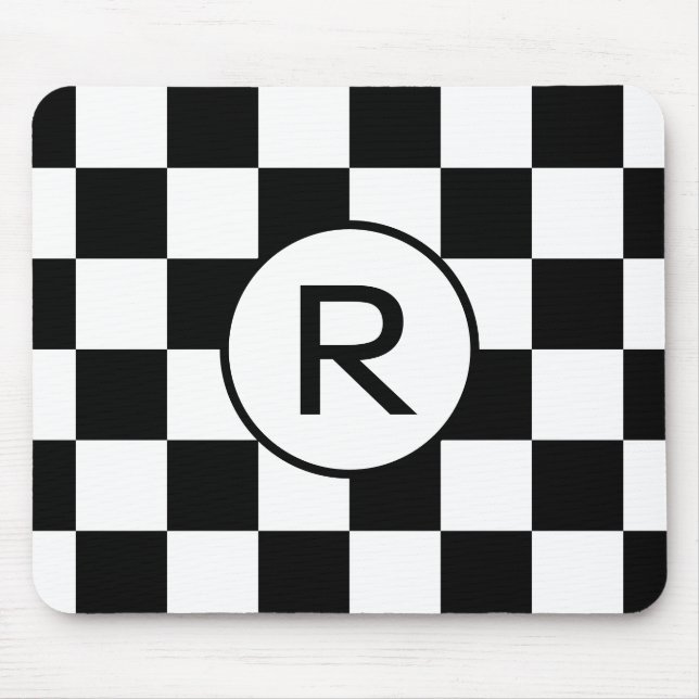 Custom Monogram Black White Chequerboard Pattern Mouse Mat (Front)