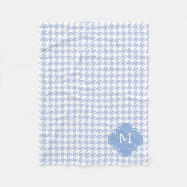 Custom Monogram Blue and White Houndstooth Pattern Fleece Blanket (Front)