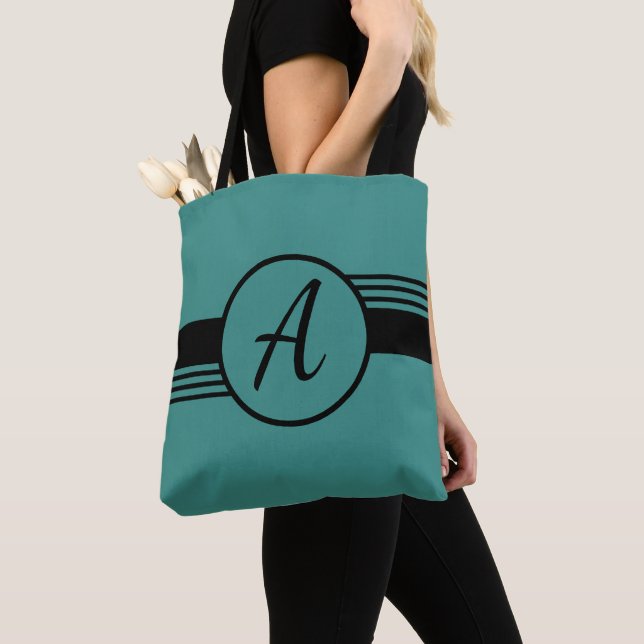 Custom Monogram Blue & Black Tote Bag (Close Up)