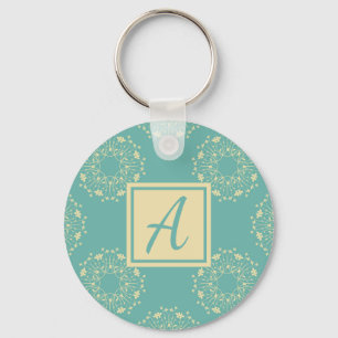 Custom Monogram Blue Floral Pattern Key Ring