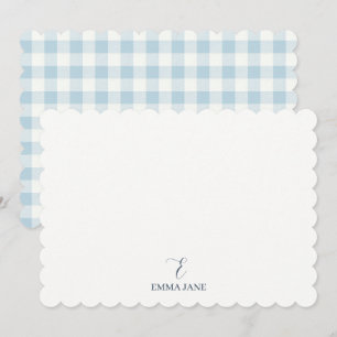 Custom Monogram Blue Gingham Stationary Thank You Card