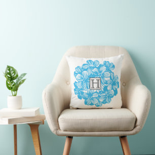 Custom Monogram Blue Hydrangea Flower Blossoms Cushion