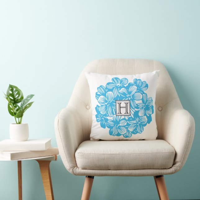 Custom Monogram Blue Hydrangea Flower Blossoms Cushion (Chair)