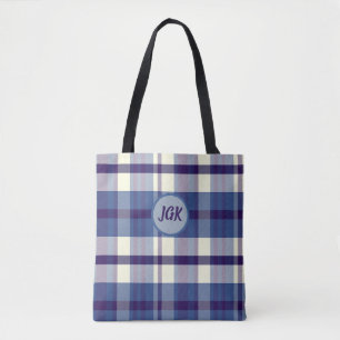 Custom Monogram Blue Plaid Tote Bag