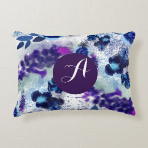 Custom Monogram Blue Purple Flowers Pattern Decorative Cushion