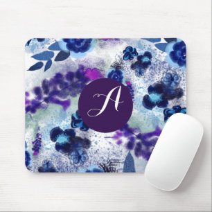 Custom Monogram Blue Purple Flowers Pattern Mouse Mat