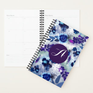 Custom Monogram Blue Purple Flowers Pattern Planner