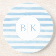 Custom Monogram Blue Striped Sandstone Coaster