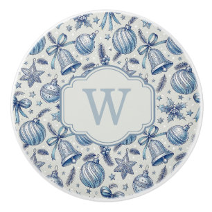 Custom Monogram Blue Toile Christmas Ornaments Ceramic Knob