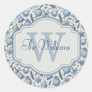 Custom Monogram Blue Toile Christmas Ornaments Classic Round Sticker