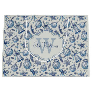 Custom Monogram Blue Toile Christmas Ornaments Large Gift Bag