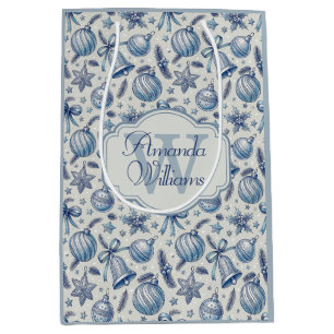 Custom Monogram Blue Toile Christmas Ornaments Medium Gift Bag