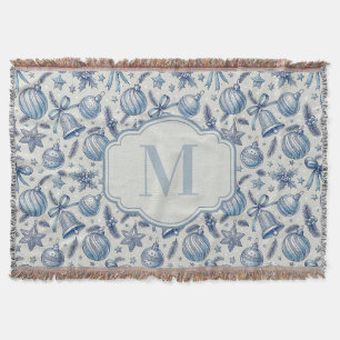 Custom Monogram Blue Toile Christmas Ornaments Throw Blanket