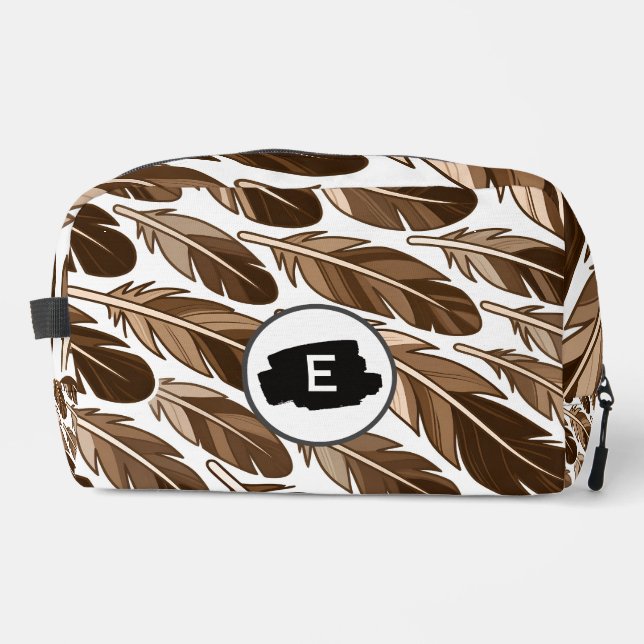  Custom Monogram Boho Feather Toiletry Bag – Brown (Front)