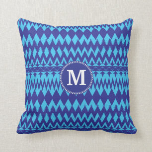 Custom Monogram Bold Blue Tribal Chevron Pattern Cushion