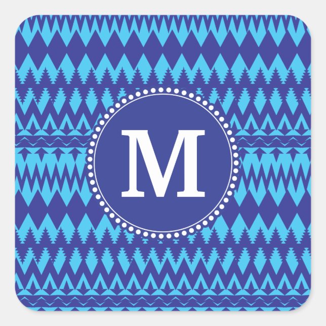 Custom Monogram Bold Blue Tribal Chevron Pattern Square Sticker (Front)