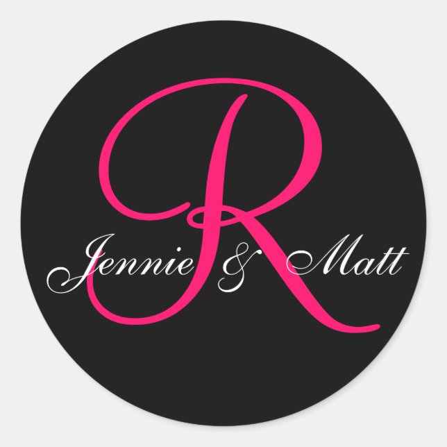 Custom Monogram Bride Groom Names Pink Classic Round Sticker (Front)
