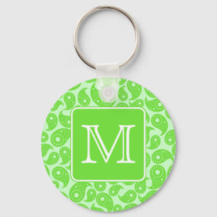 Custom Monogram. Bright Green Paisley Pattern. Key Ring
