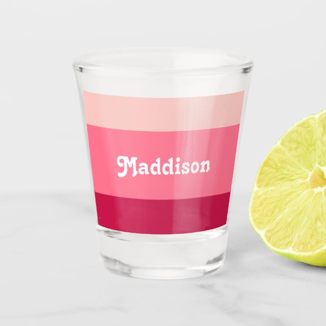 Custom monogram, bright pink retro typography  shot glass (Front)
