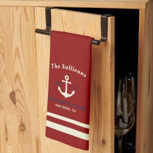 Custom Monogram Burgundy Crimson Newport Anchor Tea Towel