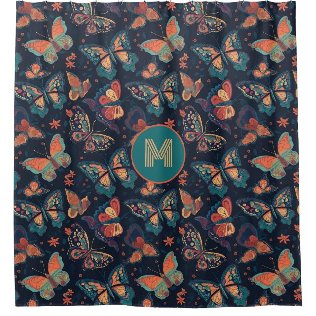 Custom Monogram Butterfly Pattern Shower Curtain (Front)