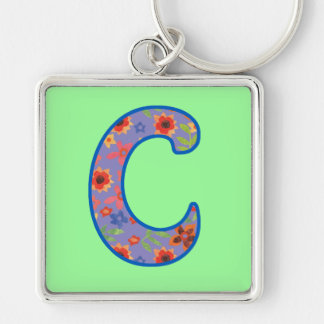 Custom Monogram C Keychain, Ditsy Floral Pattern Key Ring