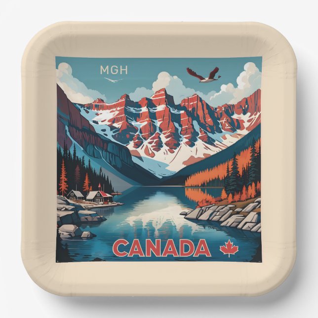 Custom Monogram Canada Travel Poster Paper Plate (Front)