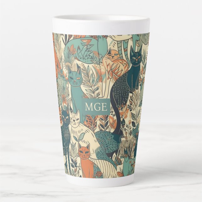 Custom Monogram Cats Pattern Latte Mug (Front)
