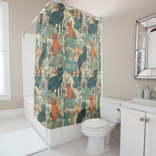 Custom Monogram Cats Pattern Shower Curtain (In Situ)