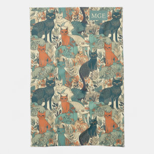 Custom Monogram Cats Pattern Tea Towel