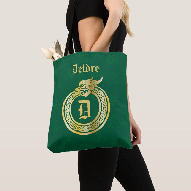 Custom Monogram Celtic Style Gold Toned Ouroboros  Tote Bag (Close Up)
