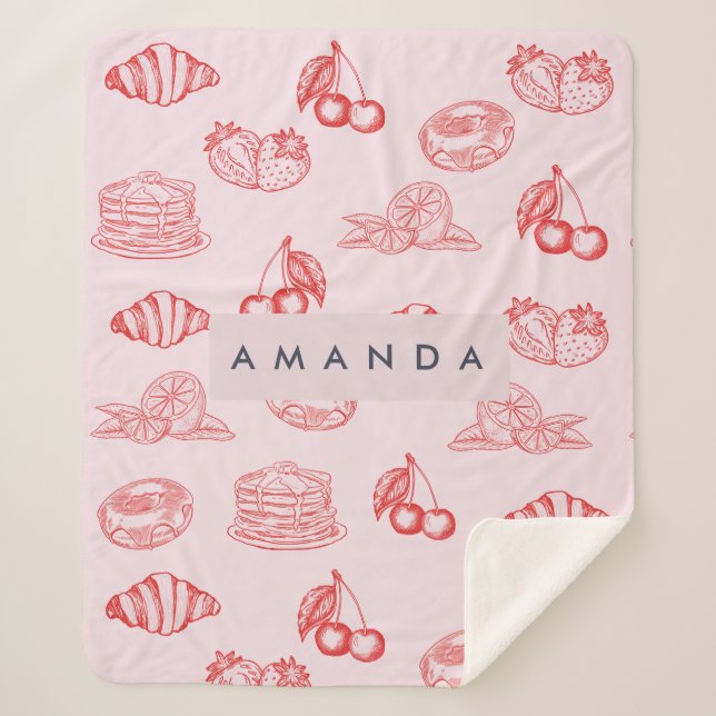 Custom Monogram Charming Girly Cherry Strawberry Sherpa Blanket (Front)