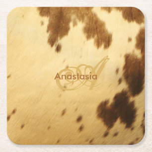Custom Monogram Chic Beige Brown Animal Fur Prints Square Paper Coaster