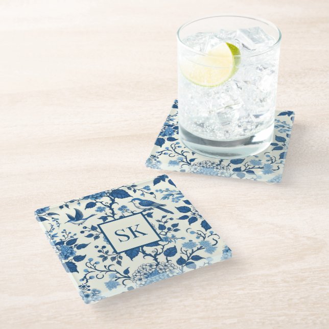 Custom Monogram Chinoiserie Blue and White  Glass Coaster (Angled)